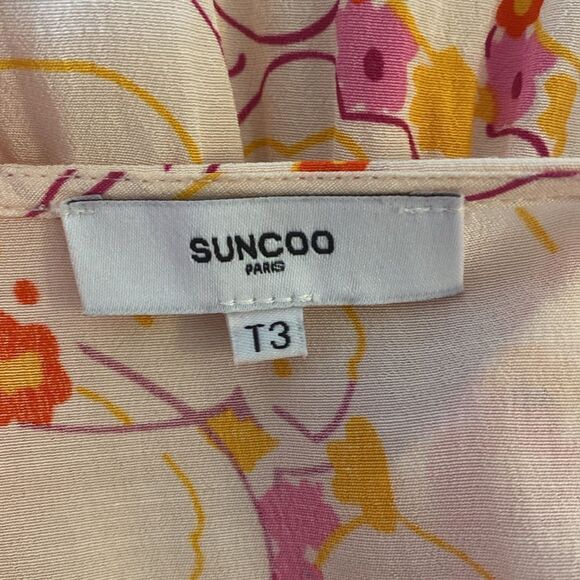 SUNCOO Paris Cream Orange & Pink Floral Clay Midi Dress size T3/ L - Picture 10 of 16